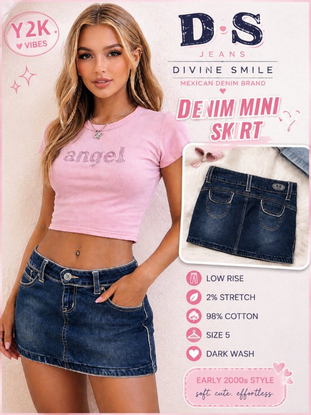 D.S Jeans Denim Mini Skirt Size 5 Y2K Low Rise Stretch Jean Skirt Dark Wash